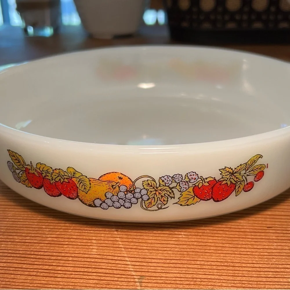Fire King Anchor Hocking Milk Glass 9 Inch Baking Dish w/Colorful Fruit Design